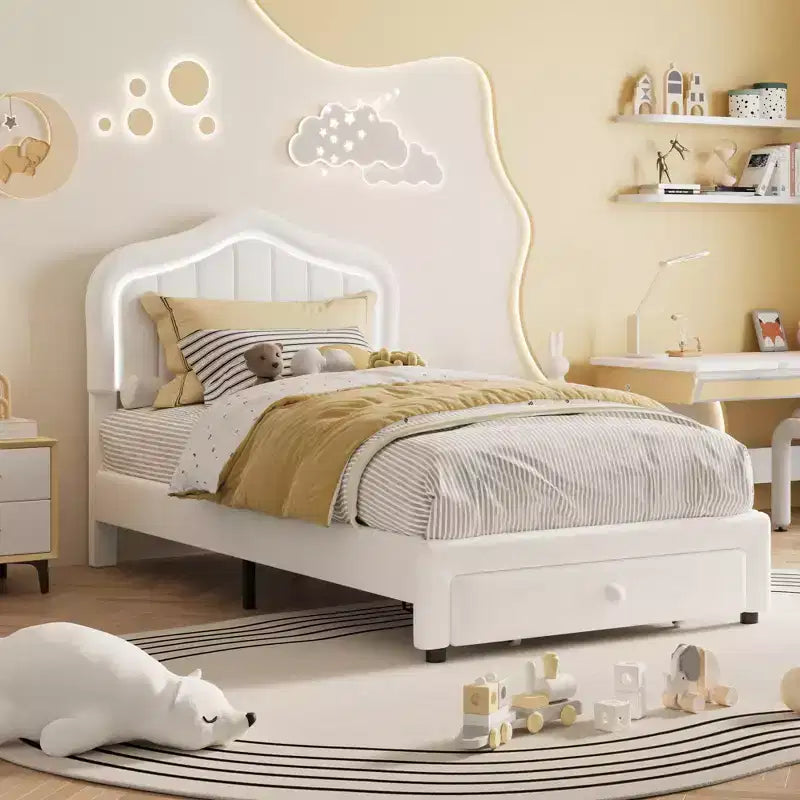 Lit plateforme double avec tête de lit LED et tiroir de rangement – Enfants, sans sommier tapissier
