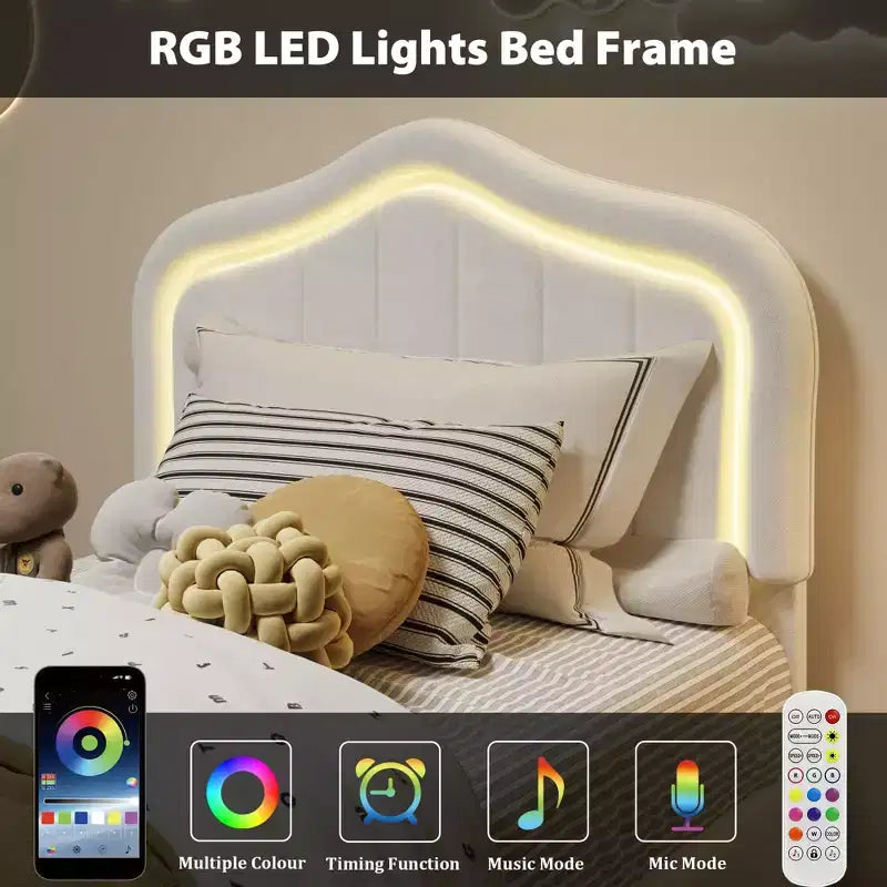Lit plateforme double avec tête de lit LED et tiroir de rangement – Enfants, sans sommier tapissier