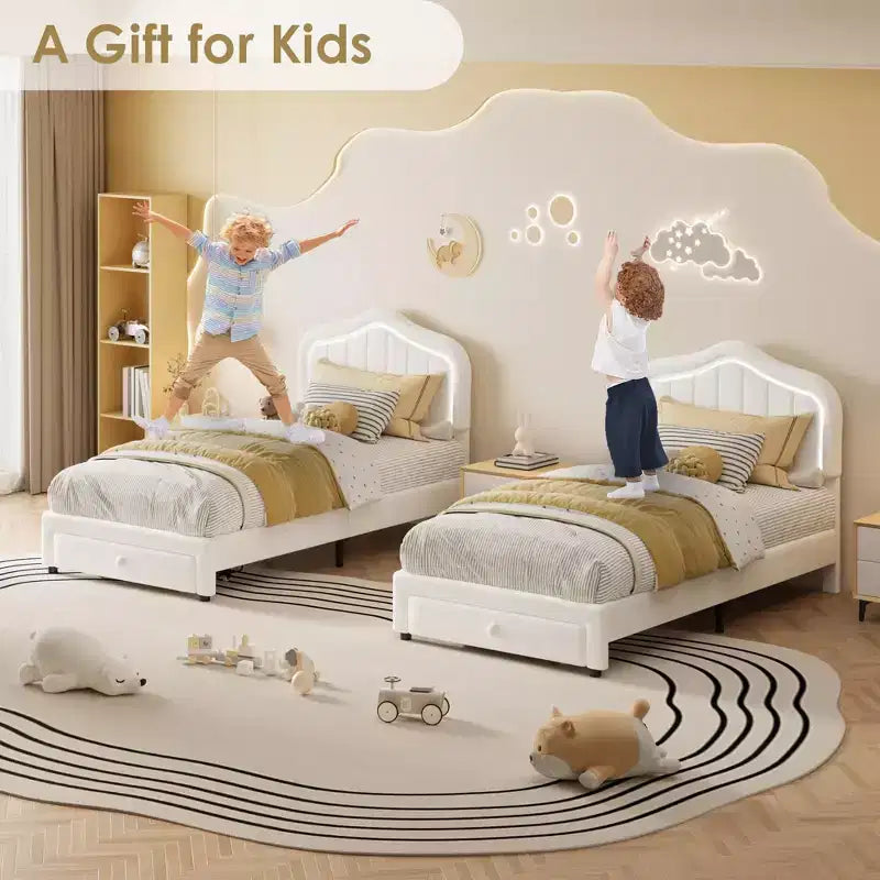 Lit plateforme double avec tête de lit LED et tiroir de rangement – Enfants, sans sommier tapissier