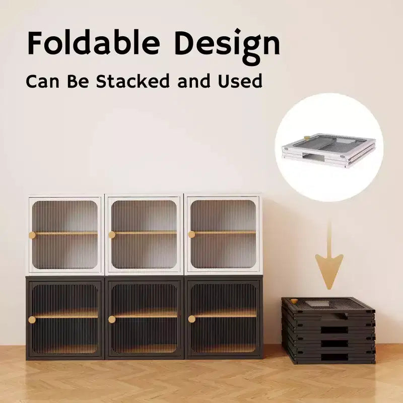 Armoire de rangement pliable avec porte, construction robuste en acier et bois, installation rapide et conception antidérapante, organisateur DIY polyvalent en noir