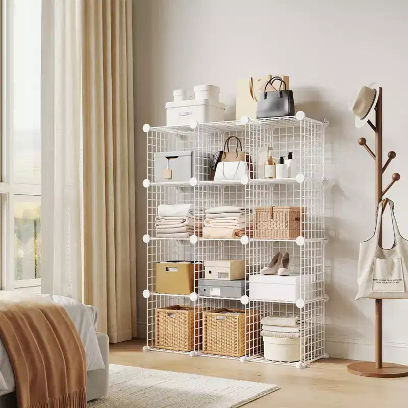 Étagère de Rangement Modulable en Fil Métallique à 12 Cubes pour Chambre et Bureau, Blanche