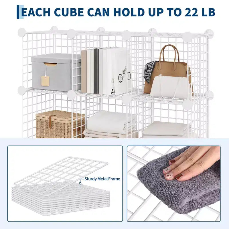 Étagère de Rangement Modulable en Fil Métallique à 12 Cubes pour Chambre et Bureau, Blanche