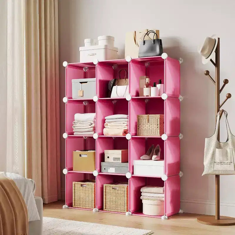 Organisateur de rangement 12 cubes en PVC, armoire multifonctionnelle empilable pour le bureau à domicile, rose
