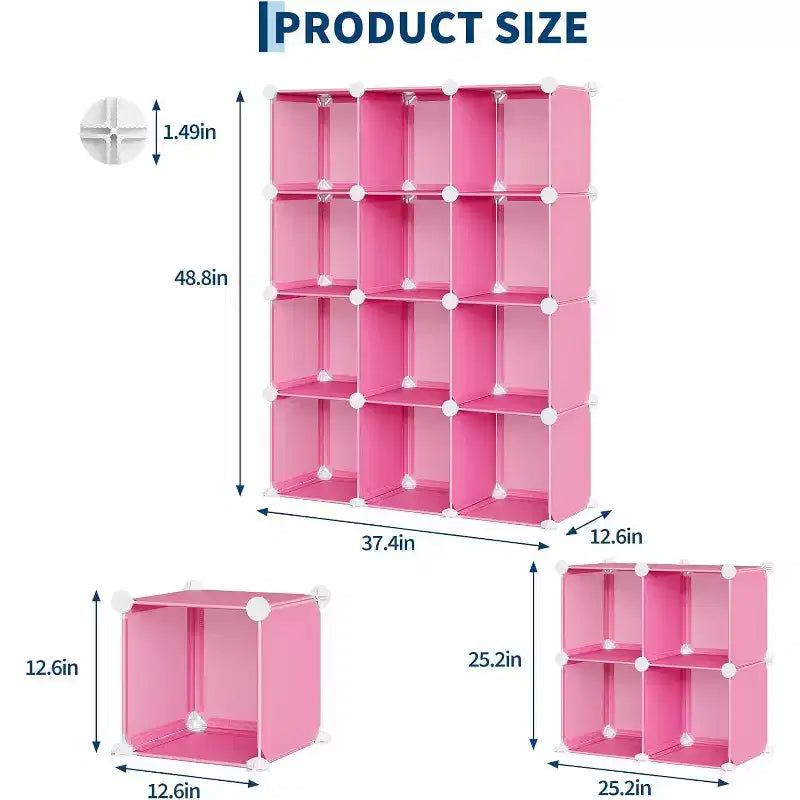 Organisateur de rangement 12 cubes en PVC, armoire multifonctionnelle empilable pour le bureau à domicile, rose