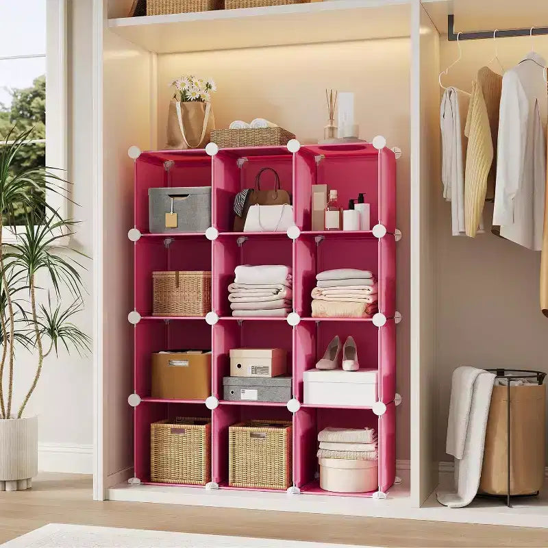 Organisateur de rangement 12 cubes en PVC, armoire multifonctionnelle empilable pour le bureau à domicile, rose