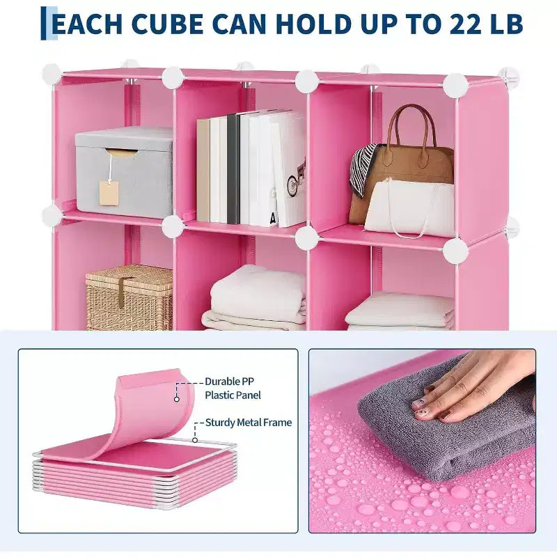 Organisateur de rangement 12 cubes en PVC, armoire multifonctionnelle empilable pour le bureau à domicile, rose