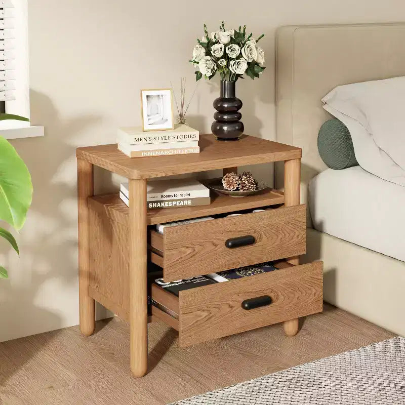 Table de chevet moderne avec 2 tiroirs et étagère ouverte – Fini frêne brun chaud