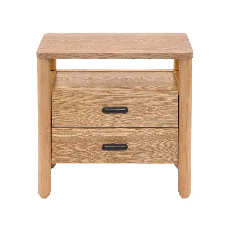 Table de chevet moderne avec 2 tiroirs et étagère ouverte – Fini frêne brun chaud