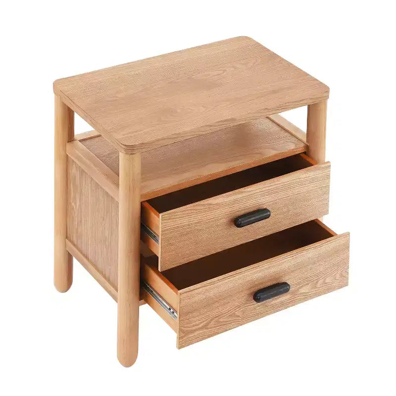 Table de chevet moderne avec 2 tiroirs et étagère ouverte – Fini frêne brun chaud