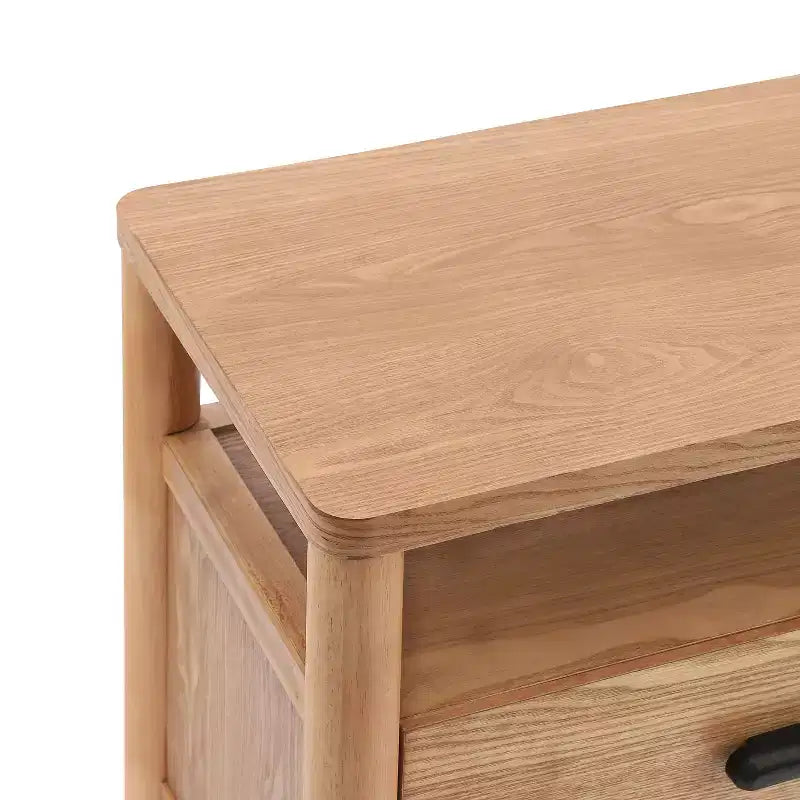 Table de chevet moderne avec 2 tiroirs et étagère ouverte – Fini frêne brun chaud