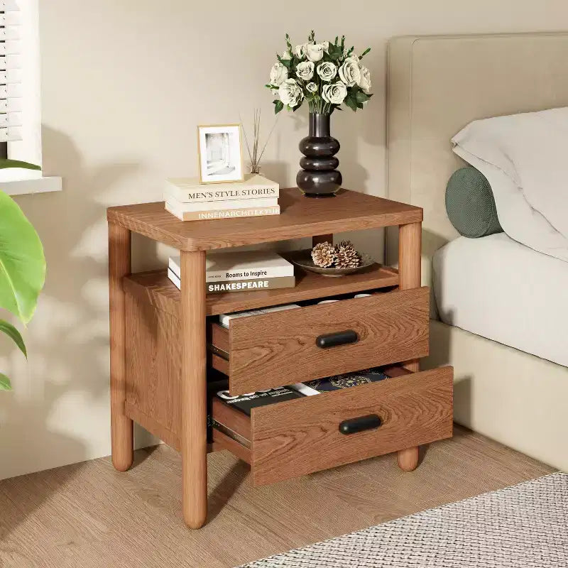 Modern Nightstand with 2 Drawers & Open Shelf – Warm Brown Ash Wood Finish