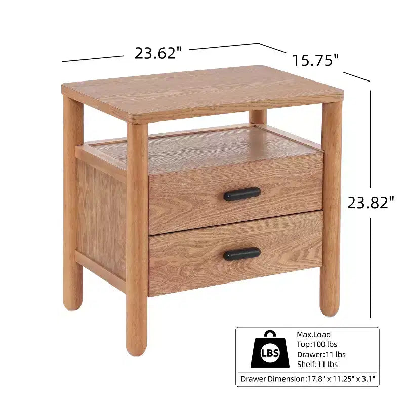 Modern Nightstand with 2 Drawers & Open Shelf – Warm Brown Ash Wood Finish