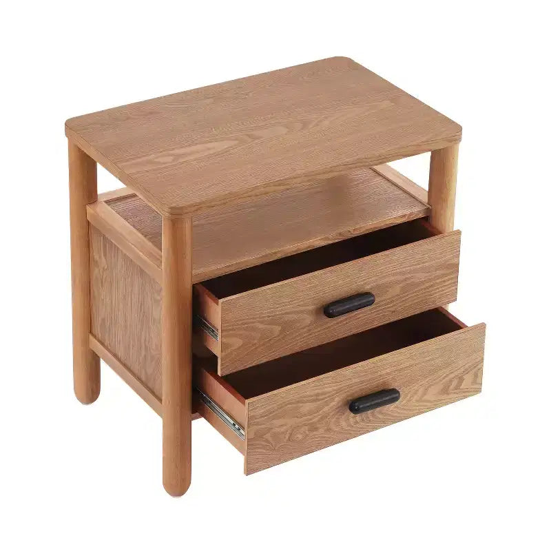 Table de chevet moderne avec 2 tiroirs et étagère ouverte – Fini frêne brun chaud