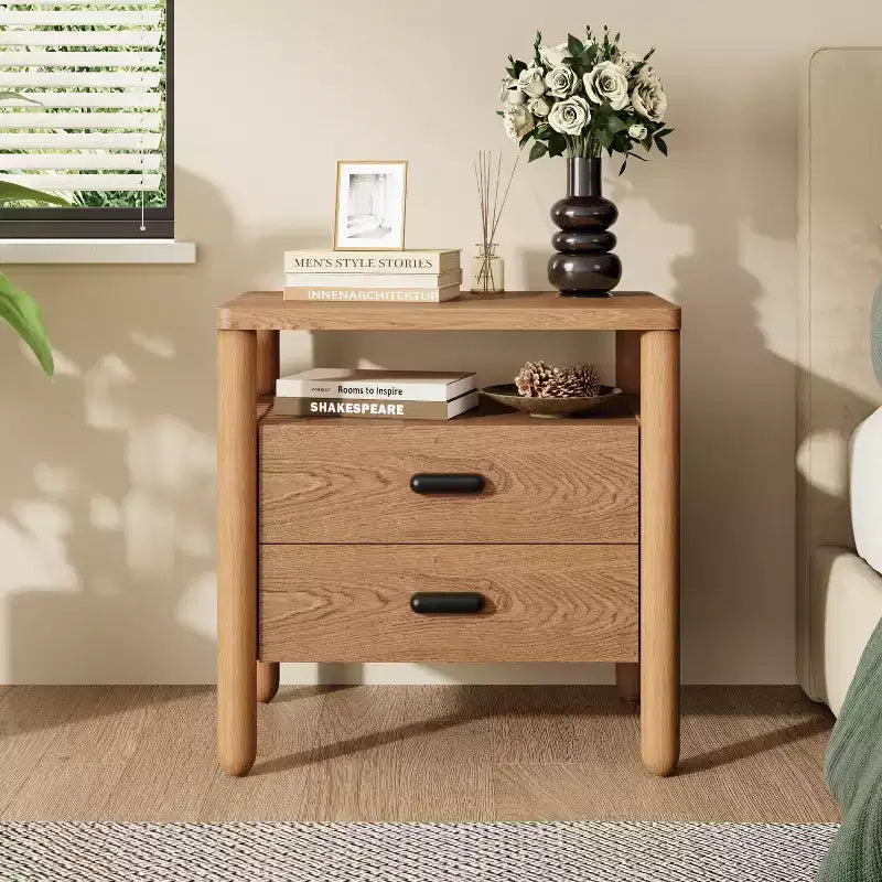 Modern Nightstand with 2 Drawers & Open Shelf – Warm Brown Ash Wood Finish