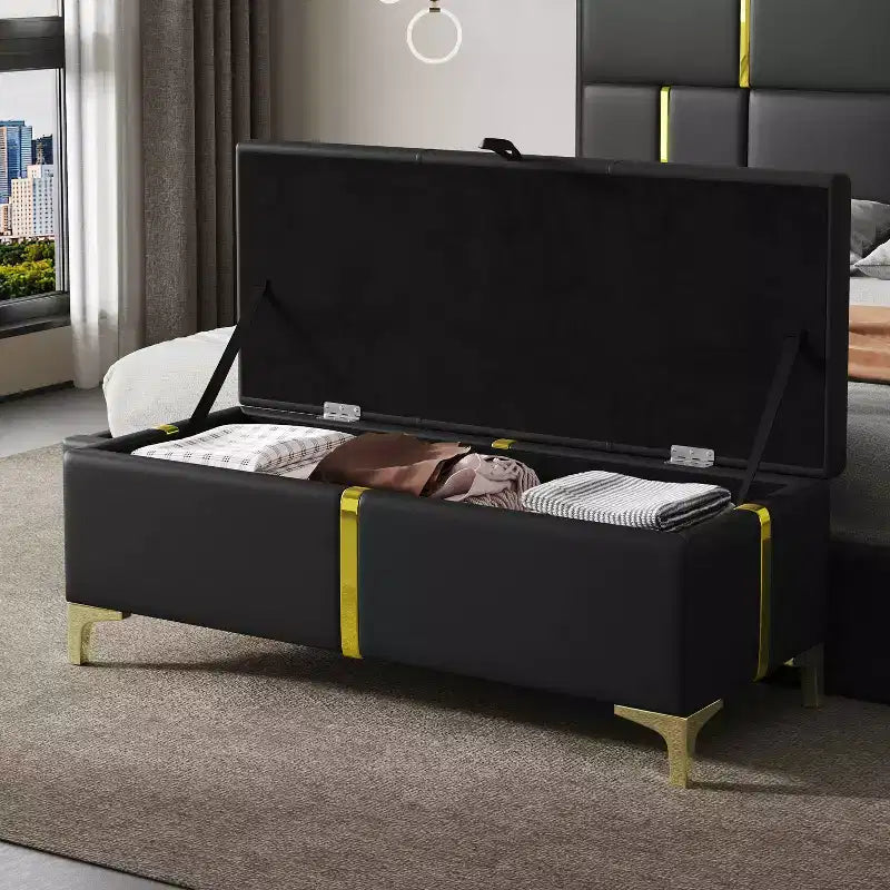 Banc de rangement ottoman rembourré avec pieds en métal – Noir, 119 cm