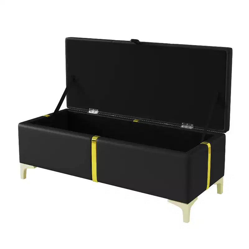 Banc de rangement ottoman rembourré avec pieds en métal – Noir, 119 cm