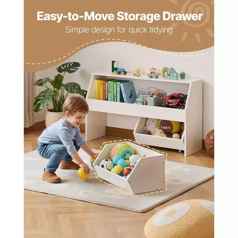 Meuble de rangement pour enfants en bois blanc – 2 tiroirs mobiles et bibliothèque