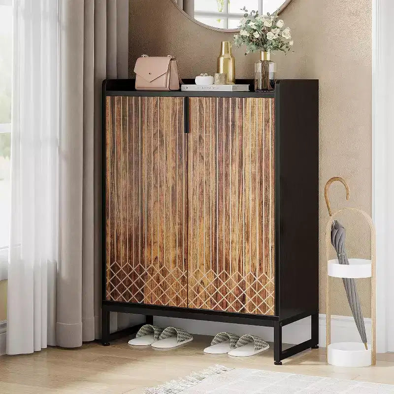 Lantine 5-Tier Wooden Shoe Cabinet with Doors, Stores 25 Pairs, Modern Black & Brown Organizer for Entryway, Hallway, Living Room.
