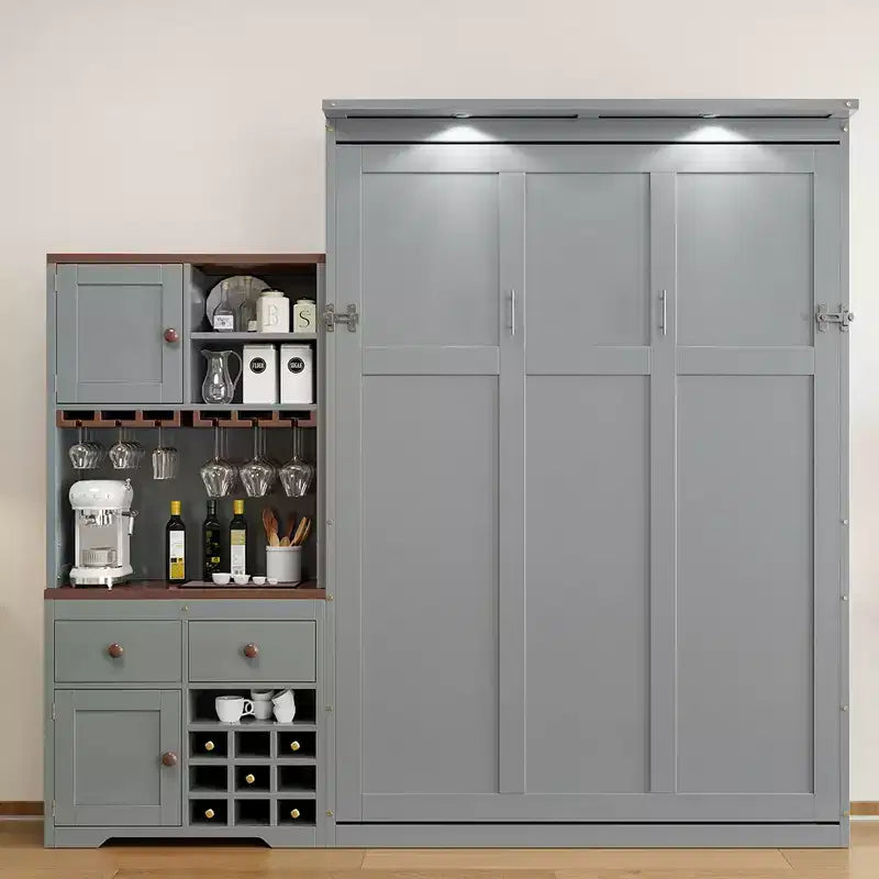 Lit escamotable avec armoire de rangement, casier à vin, tiroirs et bande LED multicolore