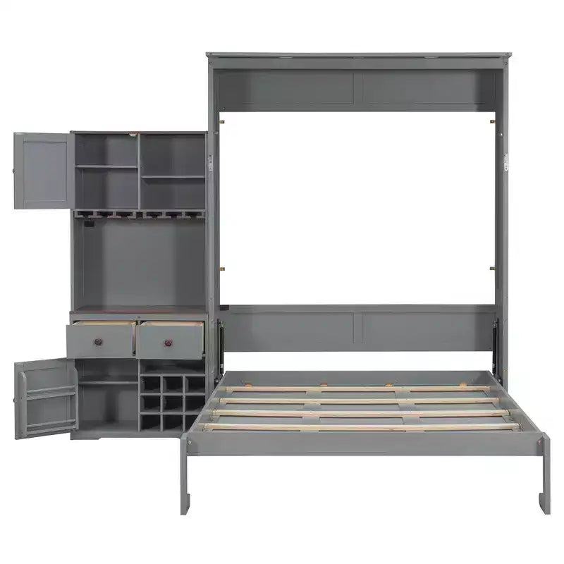Lit escamotable avec armoire de rangement, casier à vin, tiroirs et bande LED multicolore