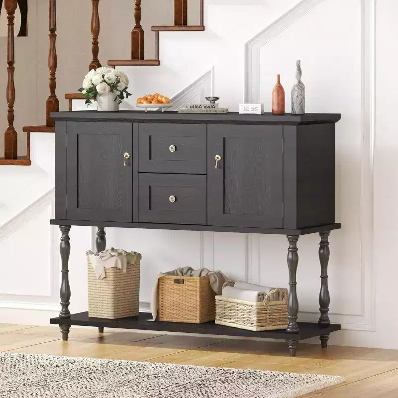 Console moderne avec 2 tiroirs et étagère ouverte – Table d'entrée, Noyer et Noir