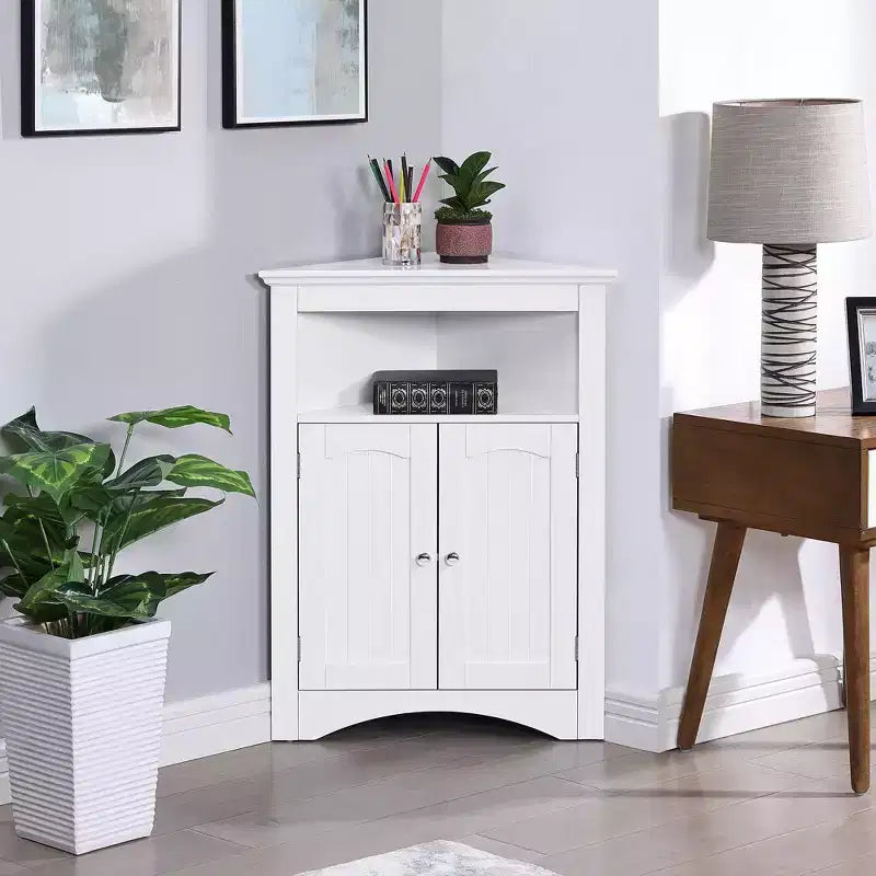 Meuble d'angle multifonctionnel 32" – MDF blanc, étagères réglables, salle de bain/cuisine/salon