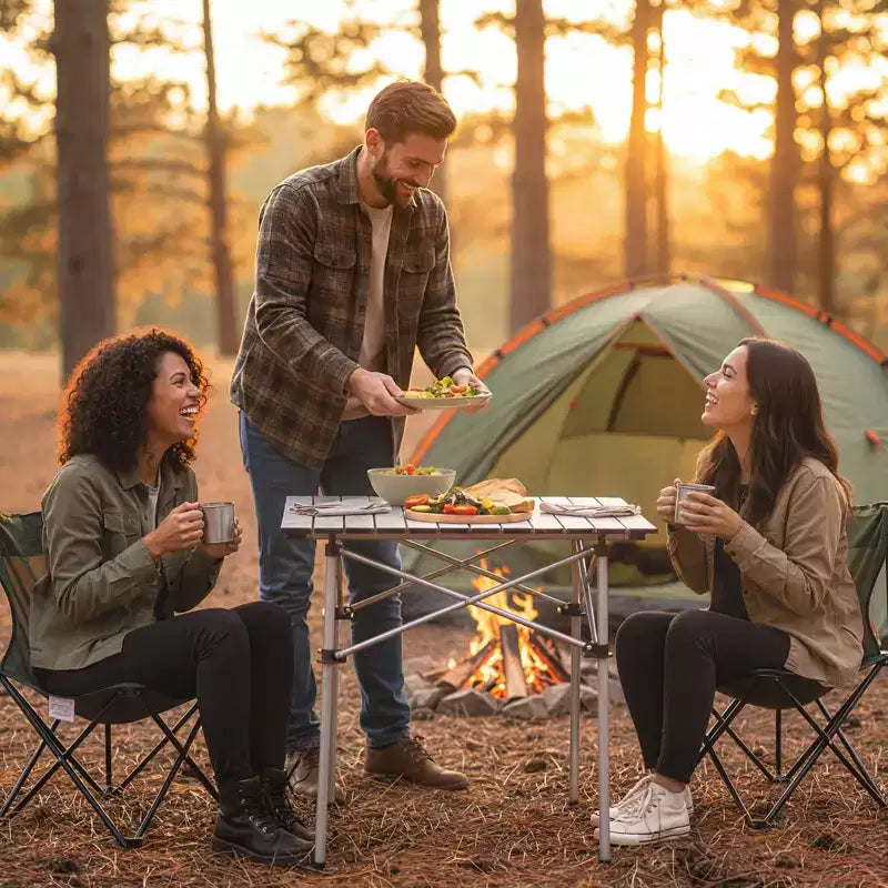 Table de camping pliable enroulable – Plateau en aluminium, pieds en métal, sac de transport, 68 kg, argent