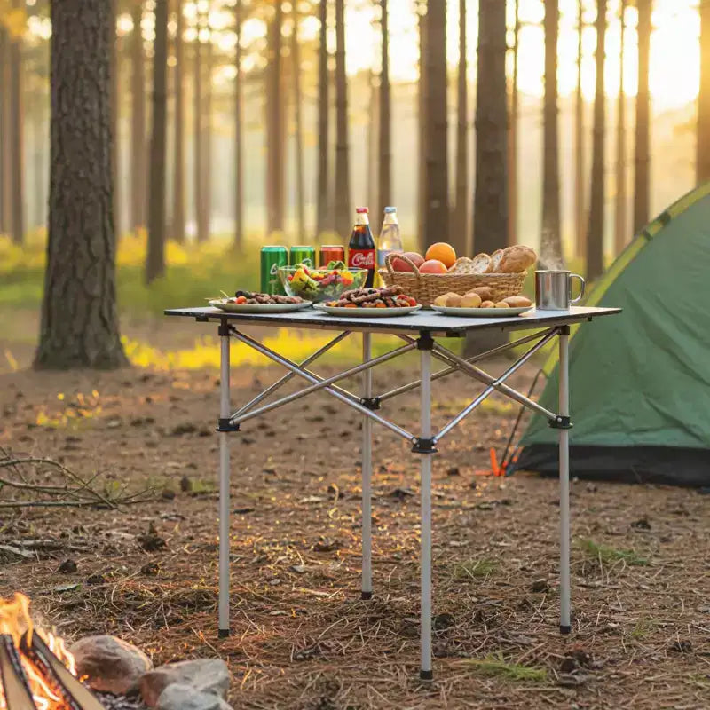 Table de camping pliable enroulable – Plateau en aluminium, pieds en métal, sac de transport, 68 kg, argent