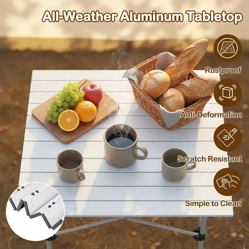 Table de camping pliable enroulable – Plateau en aluminium, pieds en métal, sac de transport, 68 kg, argent