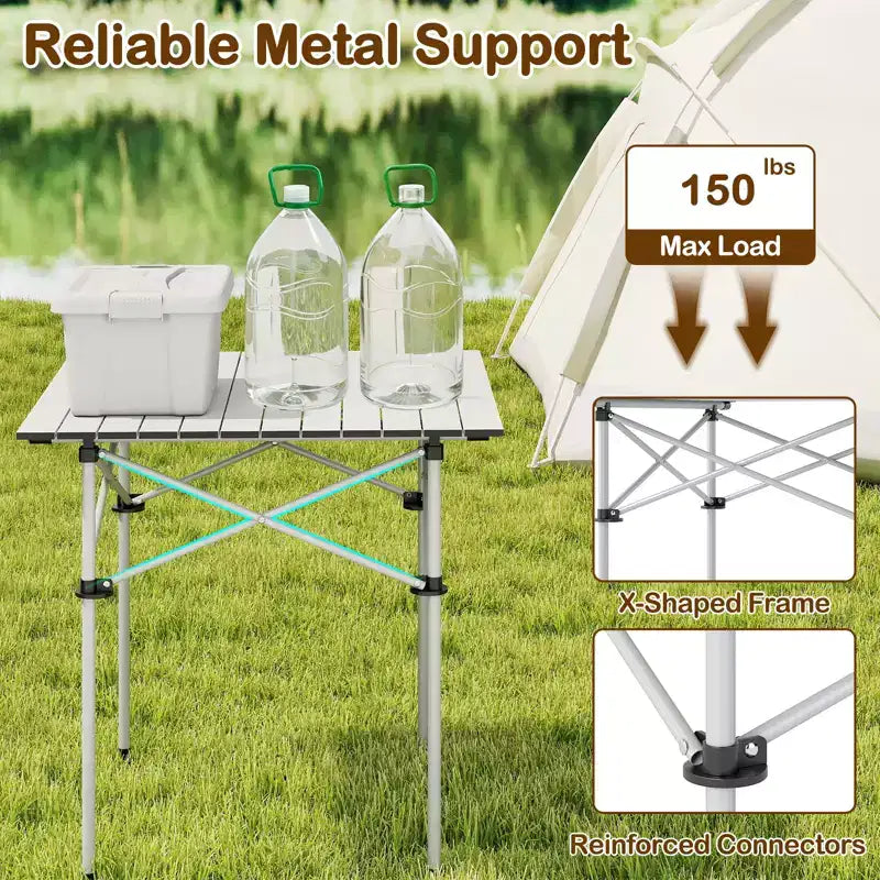 Table de camping pliable enroulable – Plateau en aluminium, pieds en métal, sac de transport, 68 kg, argent