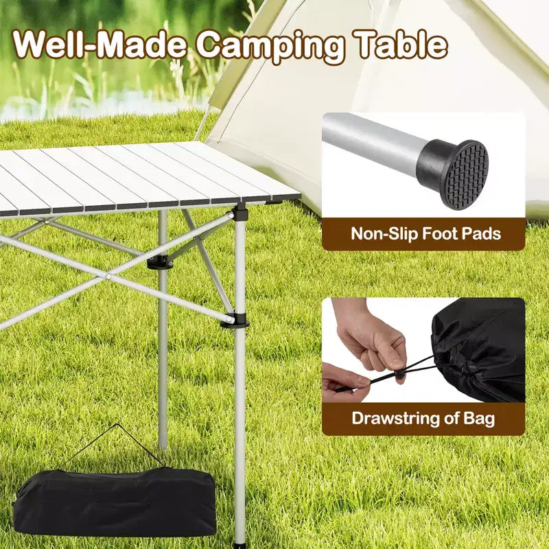 Table de camping pliable enroulable – Plateau en aluminium, pieds en métal, sac de transport, 68 kg, argent