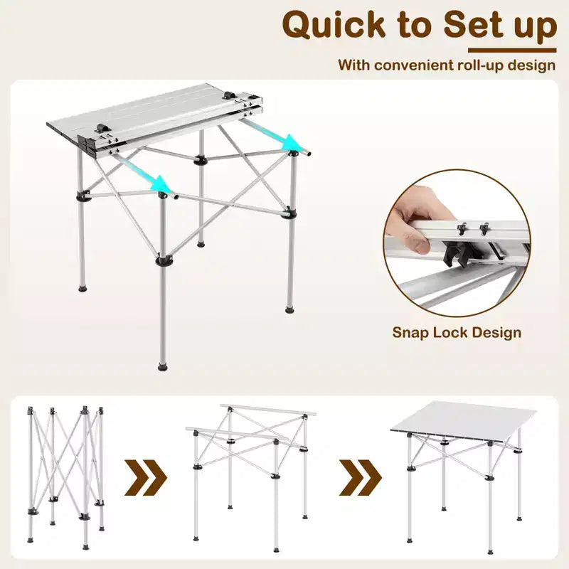 Table de camping pliable enroulable – Plateau en aluminium, pieds en métal, sac de transport, 68 kg, argent