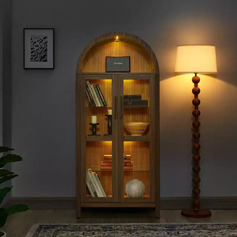 Meuble de rangement arqué de 170 cm avec lampe LED et étagères en verre réglables