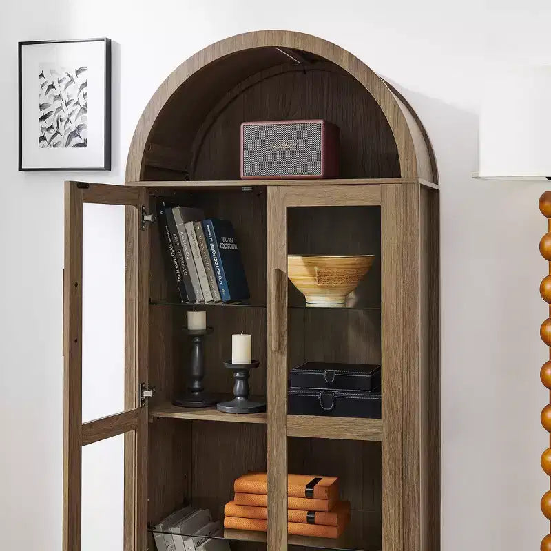 Meuble de rangement arqué de 170 cm avec lampe LED et étagères en verre réglables