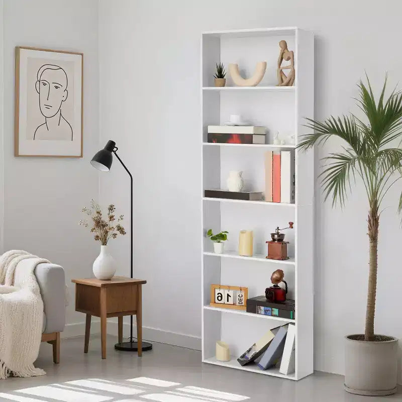 Bibliothèque haute en bois à 6 niveaux, étagère ouverte pour le bureau ou la maison