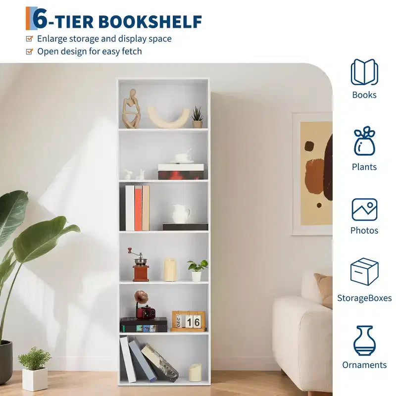 Bibliothèque haute en bois à 6 niveaux, étagère ouverte pour le bureau ou la maison