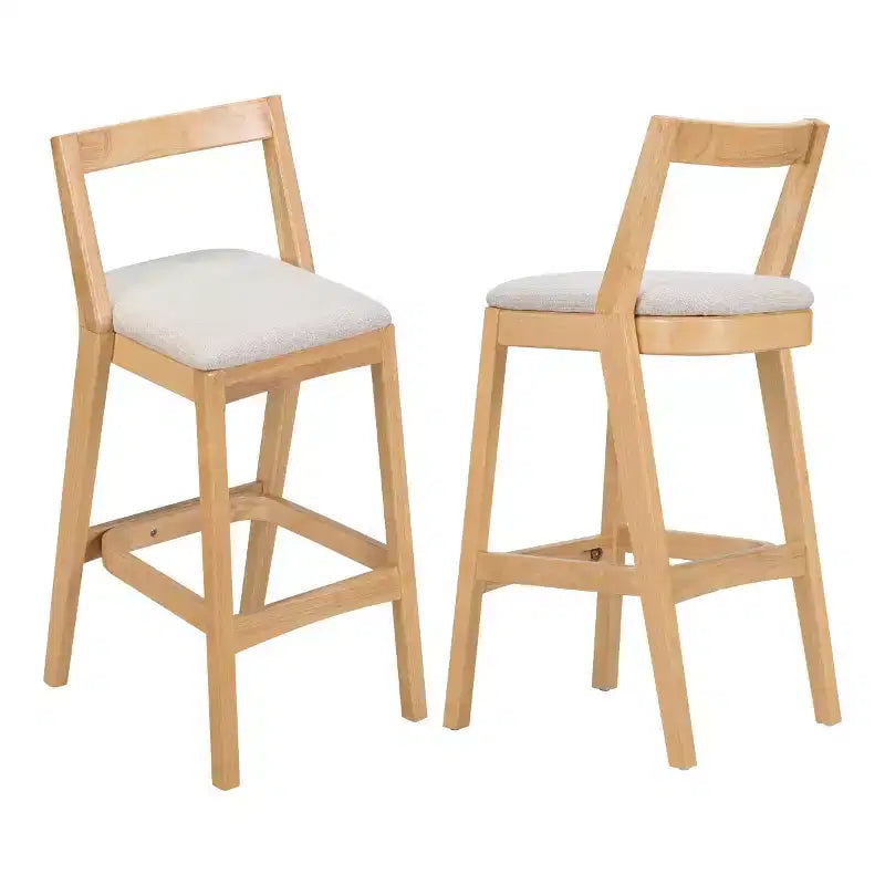 Lot de 2 tabourets de bar modernes en bois avec dossier incurvé – Assise tapissée beige, hauteur d'assise de 76 cm