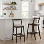 Lot de 2 tabourets de bar modernes en bois avec dossier incurvé – Assise tapissée beige, hauteur d'assise de 76 cm