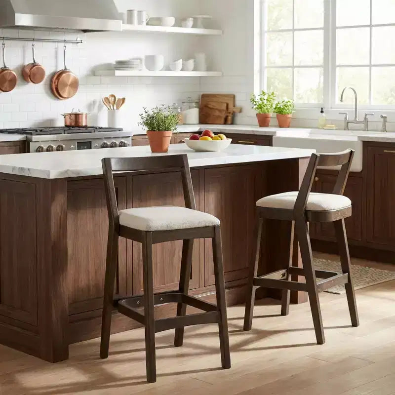 Lot de 2 tabourets de bar modernes en bois avec dossier incurvé – Assise tapissée beige, hauteur d'assise de 76 cm