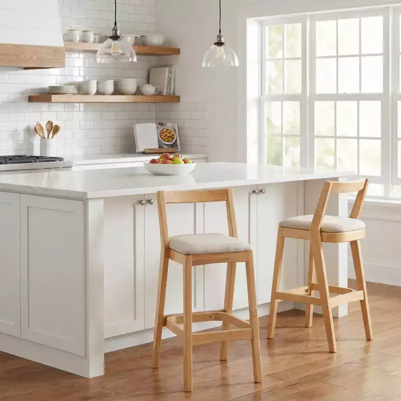 Lot de 2 tabourets de bar modernes en bois avec dossier incurvé – Assise tapissée beige, hauteur d'assise de 76 cm