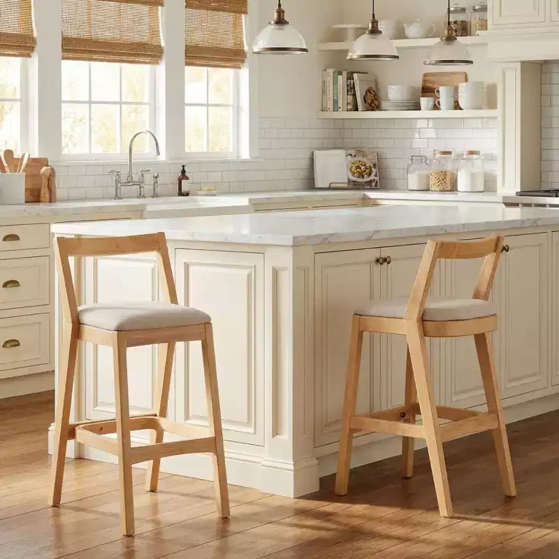 Lot de 2 tabourets de bar modernes en bois avec dossier incurvé – Assise tapissée beige, hauteur d'assise de 76 cm