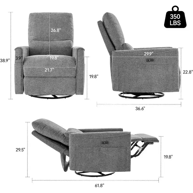 Fauteuil inclinable, pivotant et berçant motorisé avec ports USB et USB-C, fauteuil de nurserie avec support lombaire