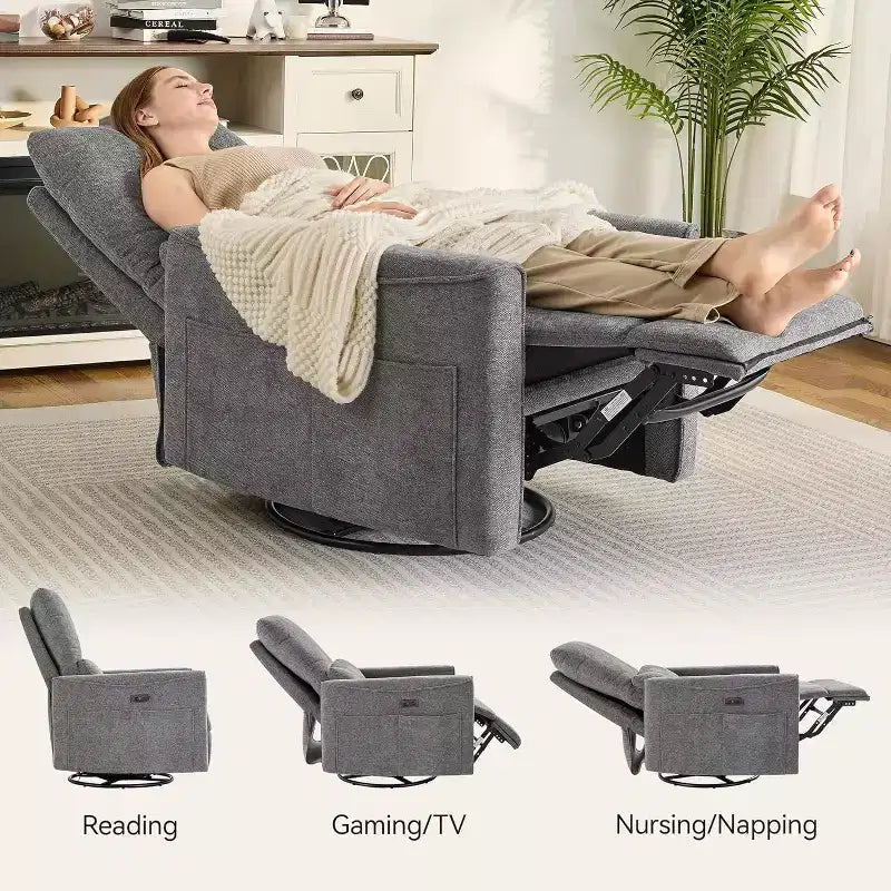 Fauteuil inclinable, pivotant et berçant motorisé avec ports USB et USB-C, fauteuil de nurserie avec support lombaire