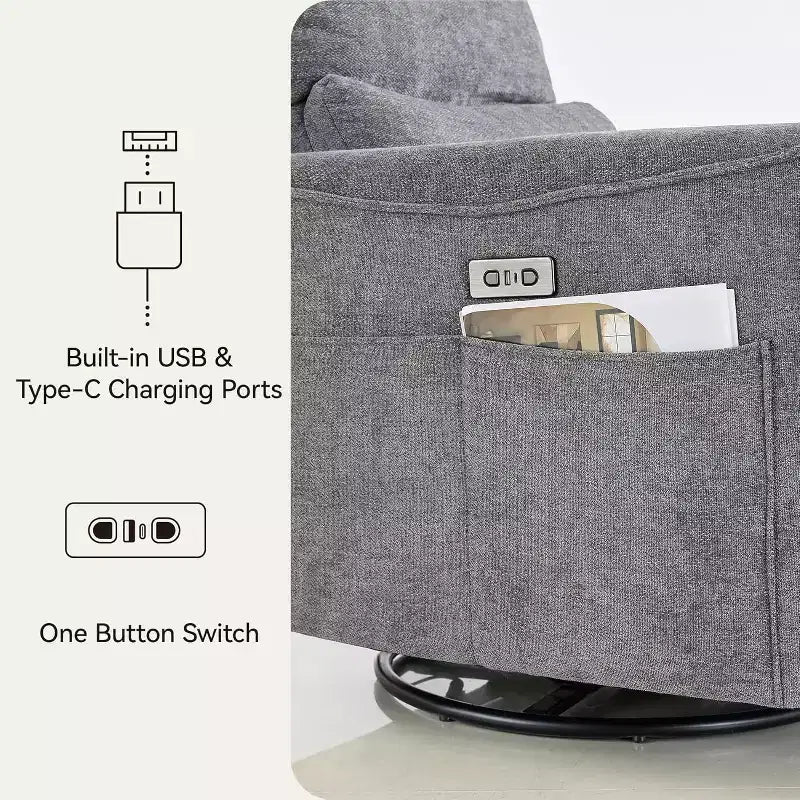 Fauteuil inclinable, pivotant et berçant motorisé avec ports USB et USB-C, fauteuil de nurserie avec support lombaire