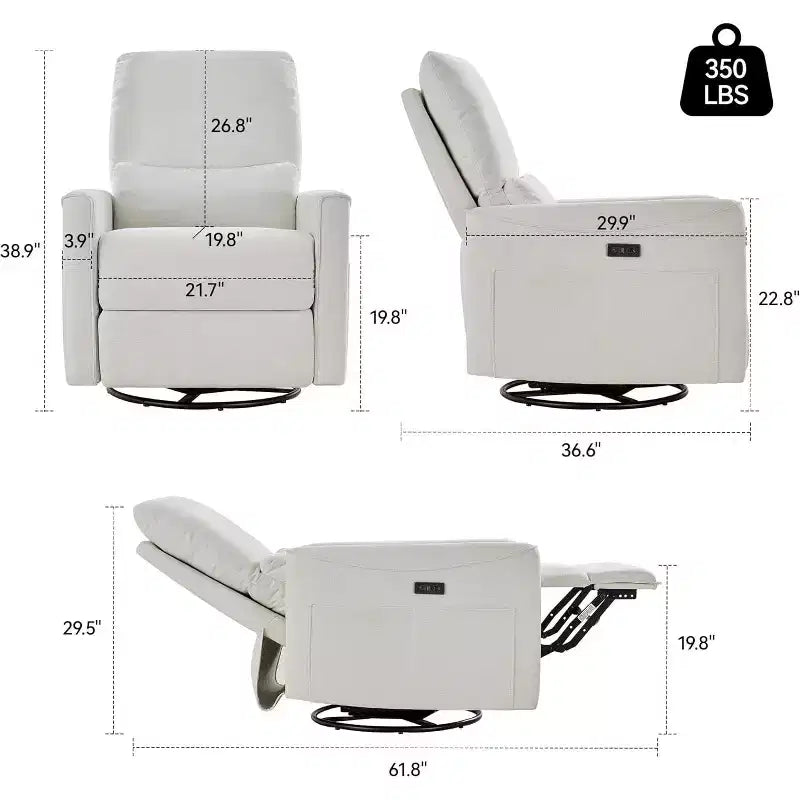 Fauteuil inclinable, pivotant et berçant motorisé avec ports USB et USB-C, fauteuil de nurserie avec support lombaire
