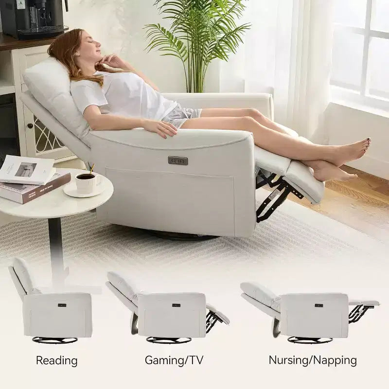 Fauteuil inclinable, pivotant et berçant motorisé avec ports USB et USB-C, fauteuil de nurserie avec support lombaire