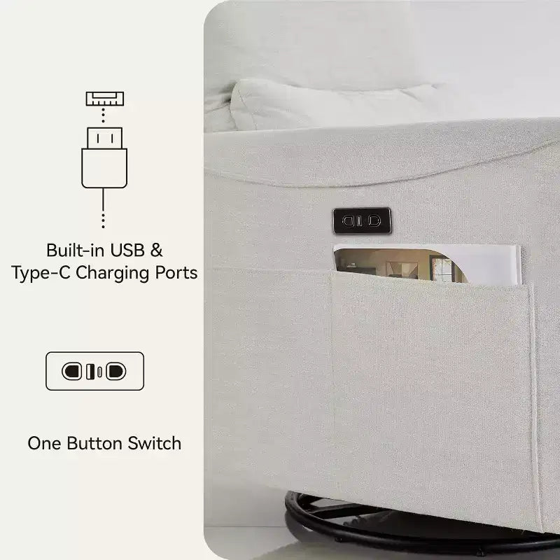 Fauteuil inclinable, pivotant et berçant motorisé avec ports USB et USB-C, fauteuil de nurserie avec support lombaire
