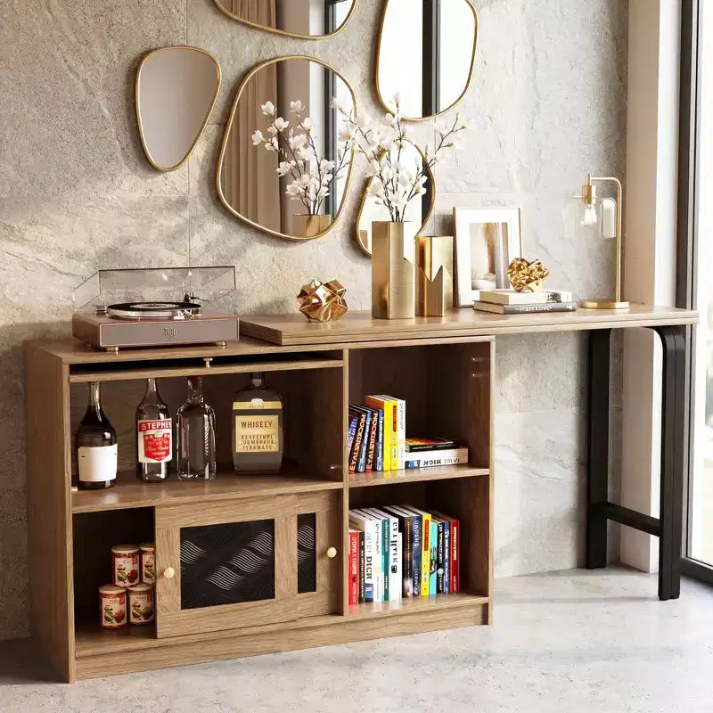 44.4 Extendable Dining Table with Storage Cabinet, Flip-Up Door, and Sliding Door Walnut Gaoyangjiaju