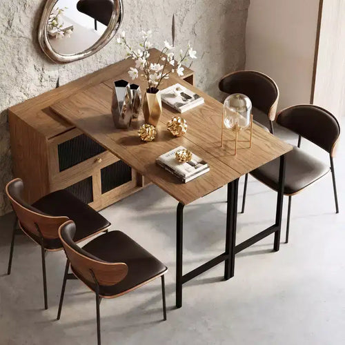 Table de salle à manger extensible de 112 cm avec armoire de rangement, portes relevables et coulissantes – Noyer
