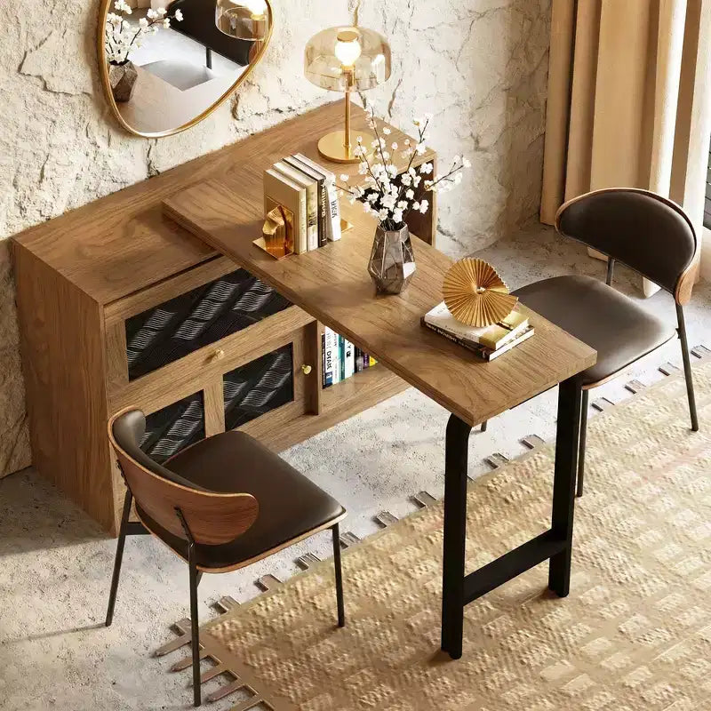 44" Extendable Dining Table with Storage Cabinet, Flip-Up & Sliding Doors – Walnut